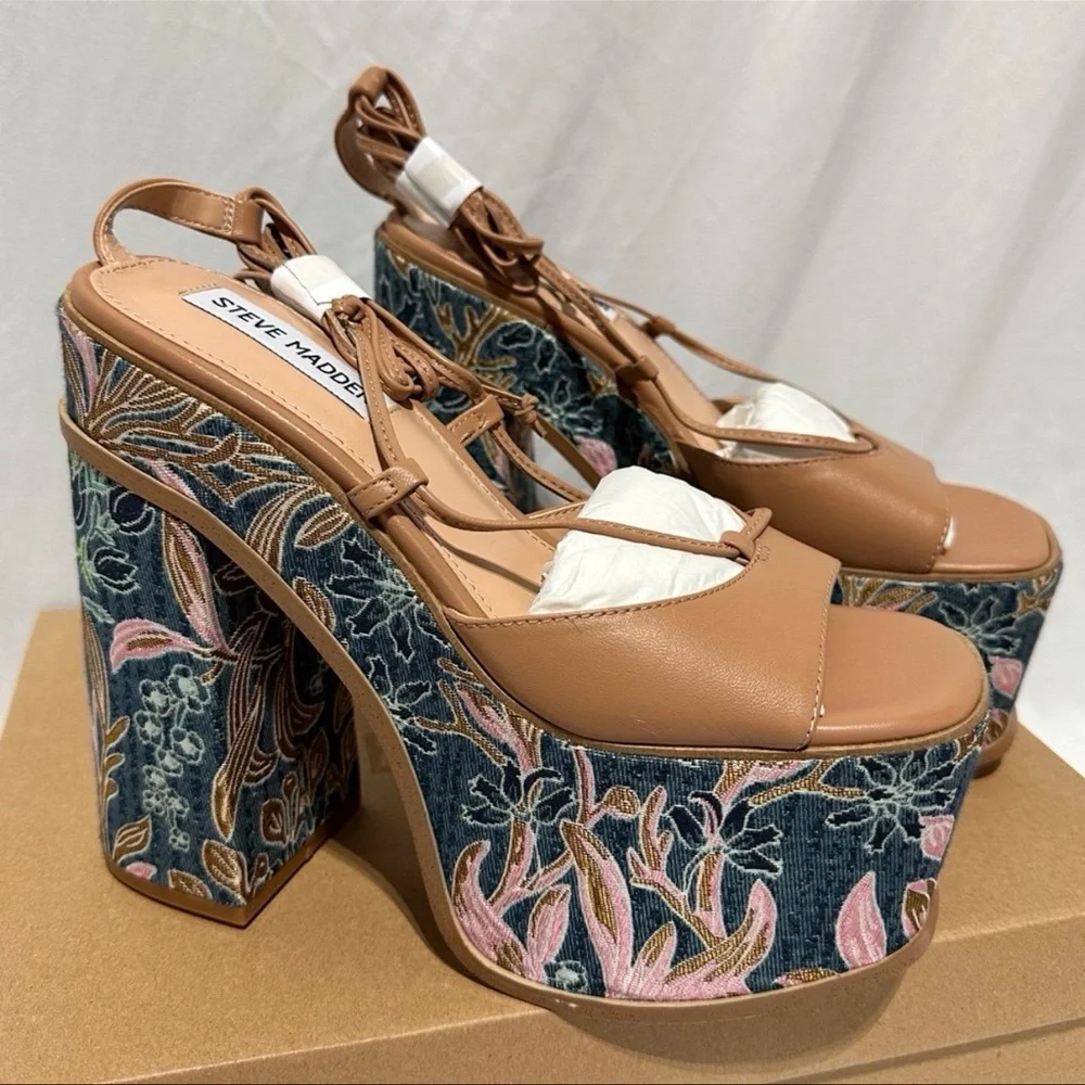 Steve Madden Anika Tan Leather Chunky Embroidered Platform Lace Up Heels Summer - Picture 9 of 12